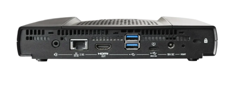 Mini PC avec ports USB, HDMI, Ethernet, et boutons de réinitialisation et d'alimentation.